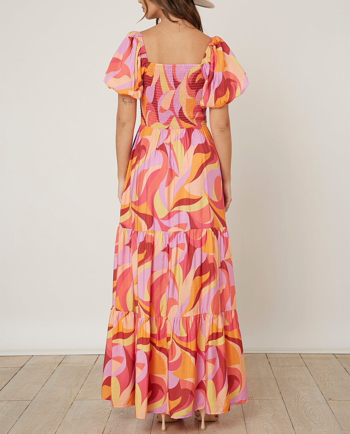 Peach Love Smocked Bust Geo Print Maxi Dress