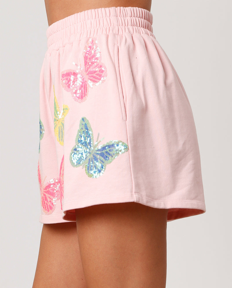 Peach Love Butterfly Sequin Terry Shorts