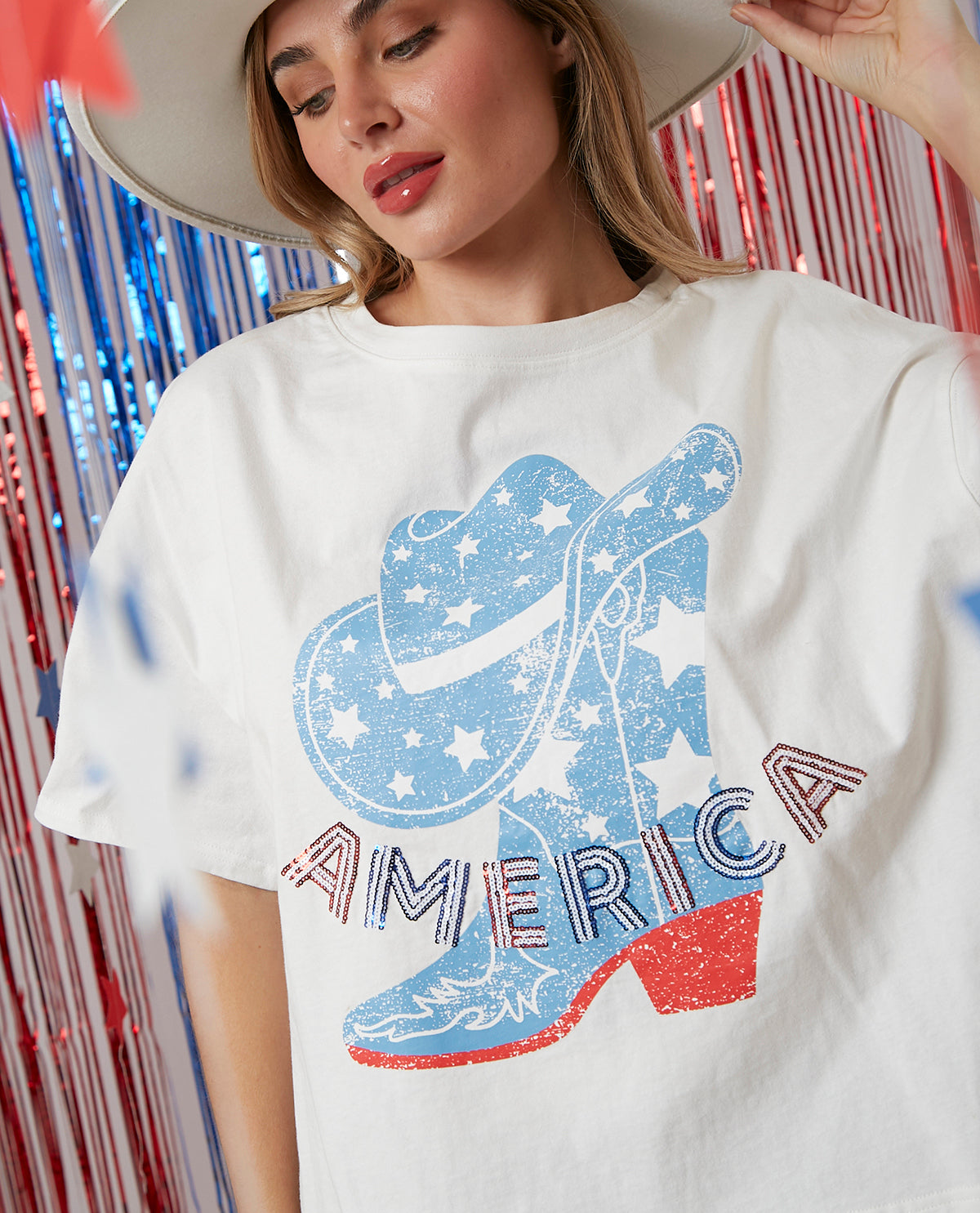 Peach Love America with Western Boots Sequin Graphic Tee