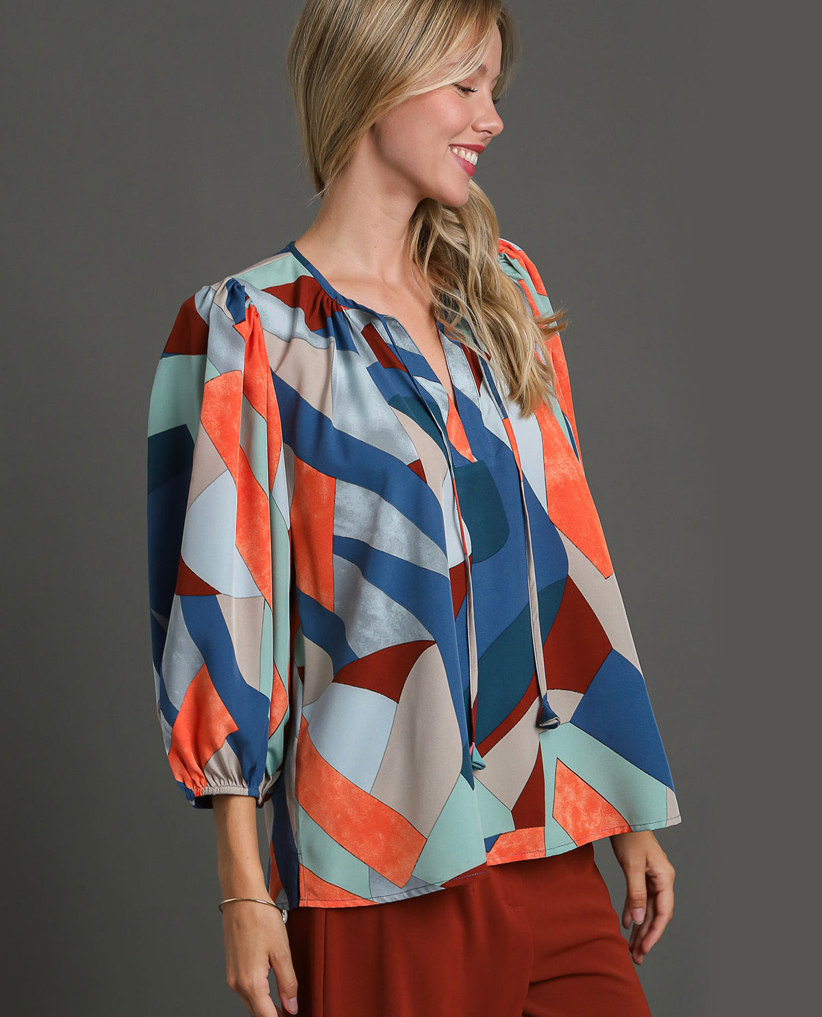 V-notched Abstract Printed Top with Tie
