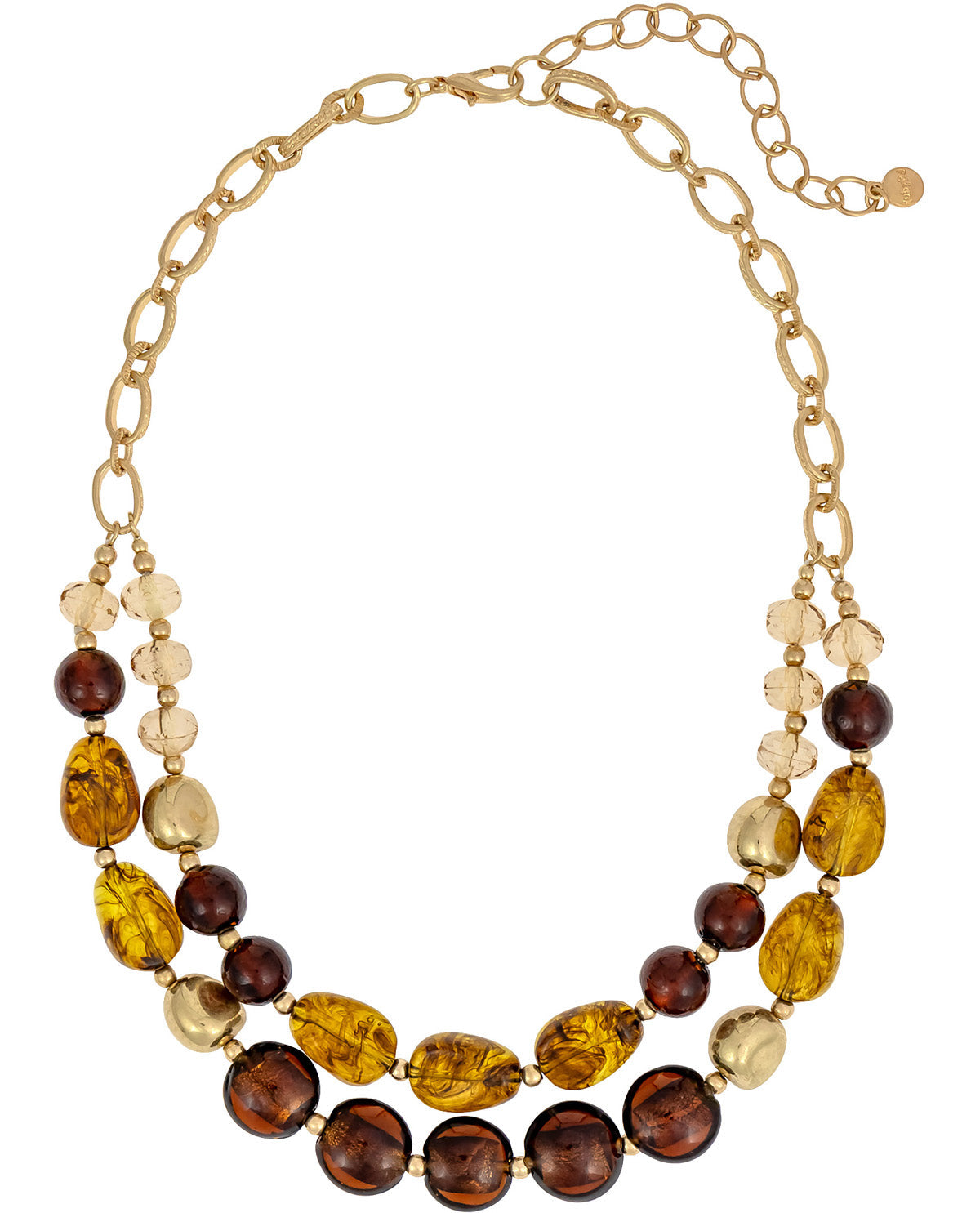 Necklace with multicolored beads on a gold chain against a white background