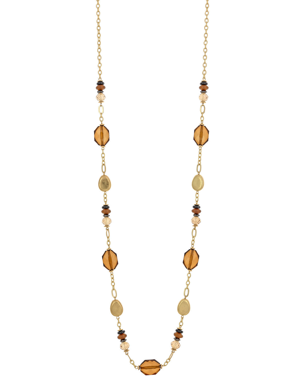 A gold-tone beaded necklace featuring faceted amber-brown glass beads, round cream beads, and small dark brown beads, displayed against a solid white background.