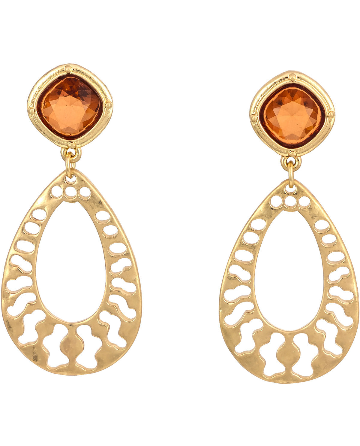 Gold earrings with orange gemstones on a white background