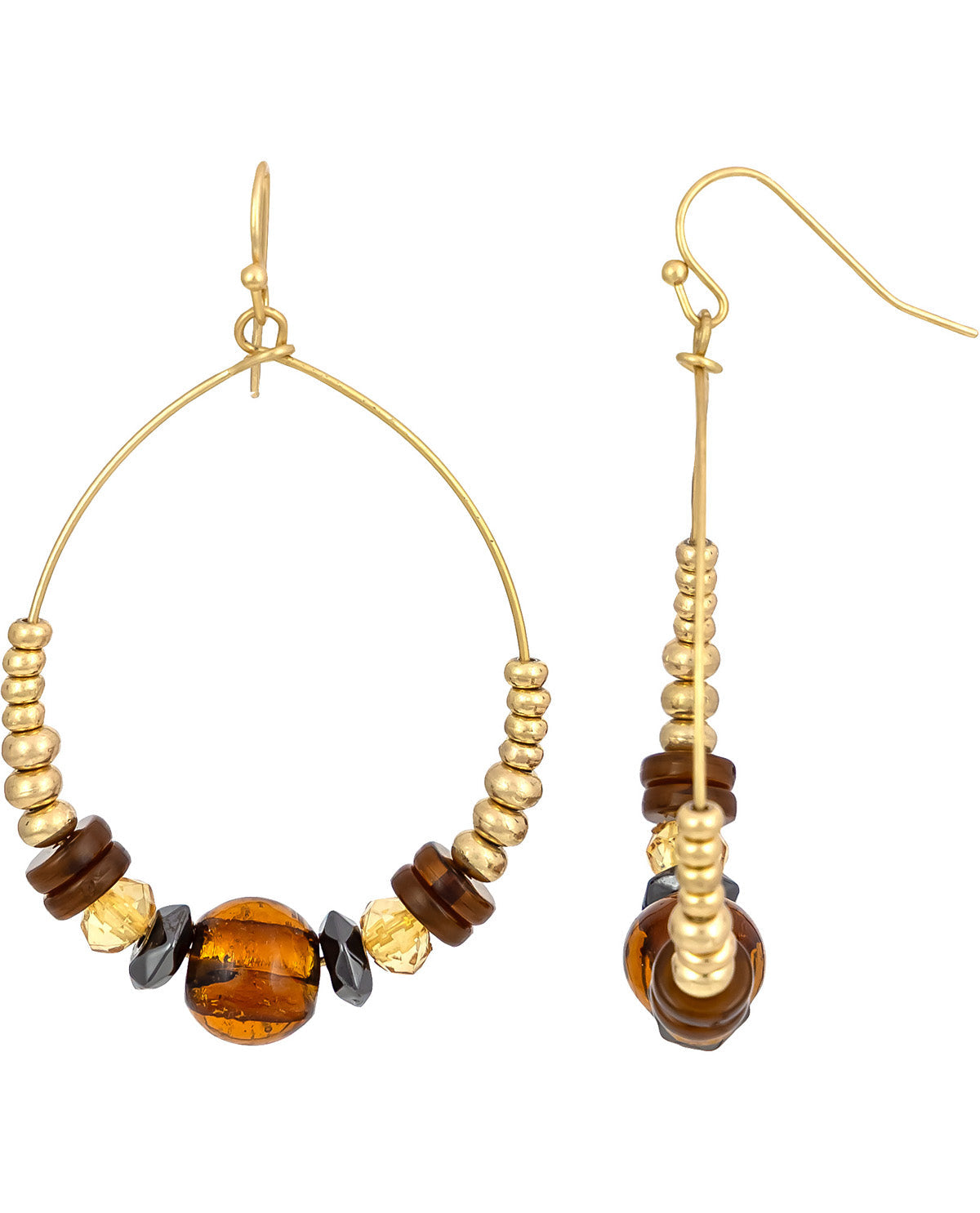 Gold hoop earrings with brown and gold beads on a white background