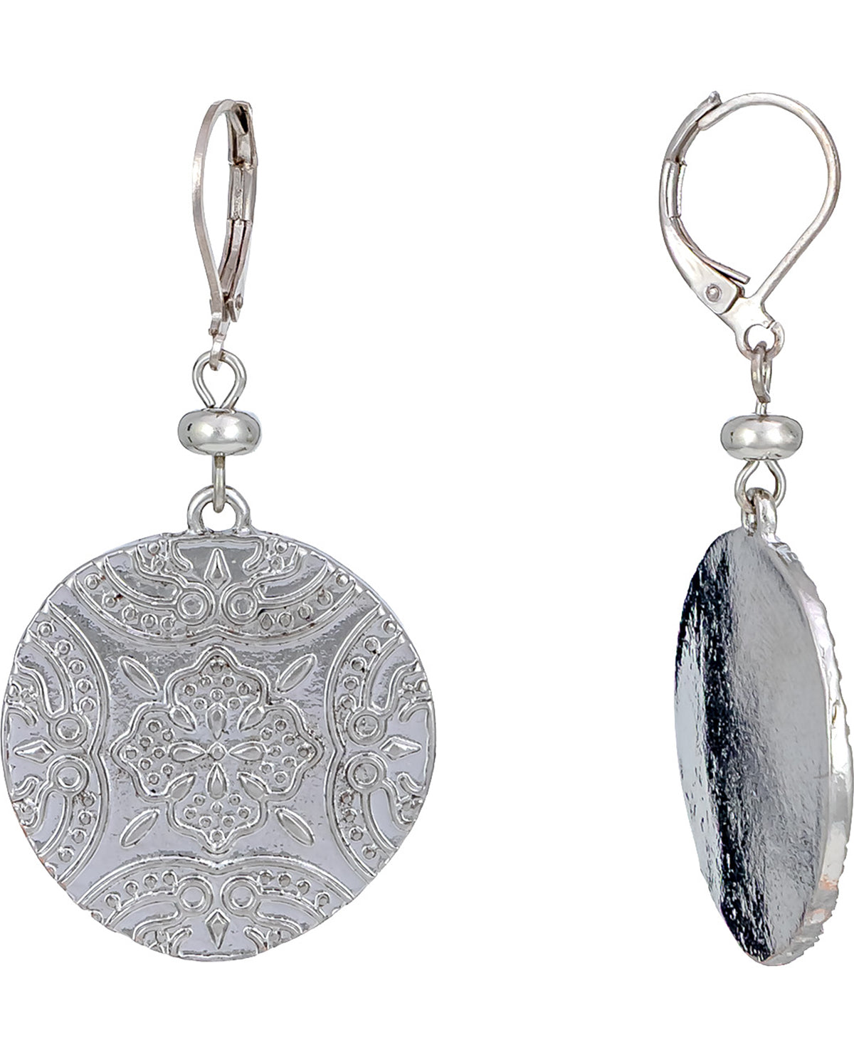 Pair of silver earrings with intricate designs on a white background