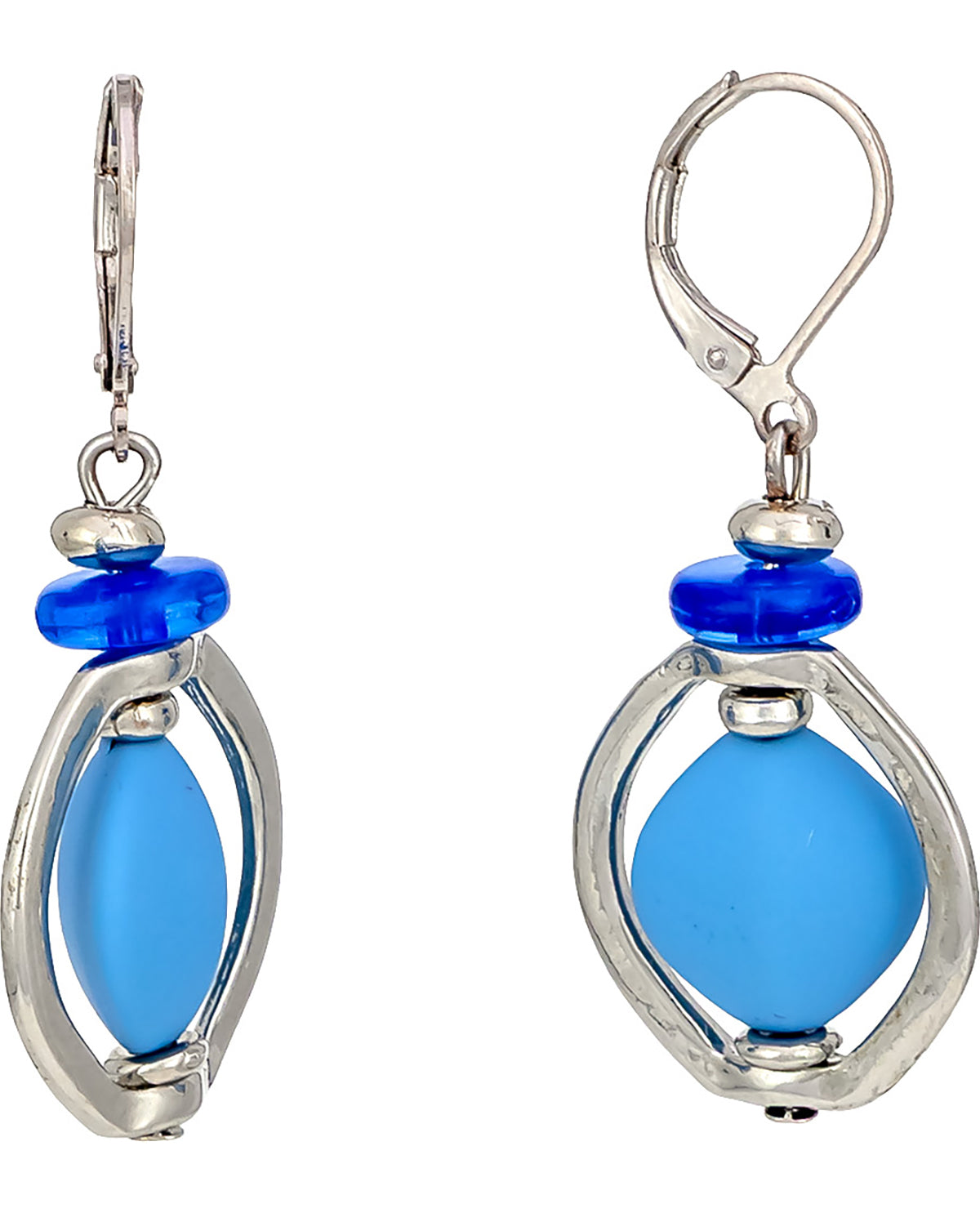 Pair of earrings with blue glass beads and silver metal loops on a white background