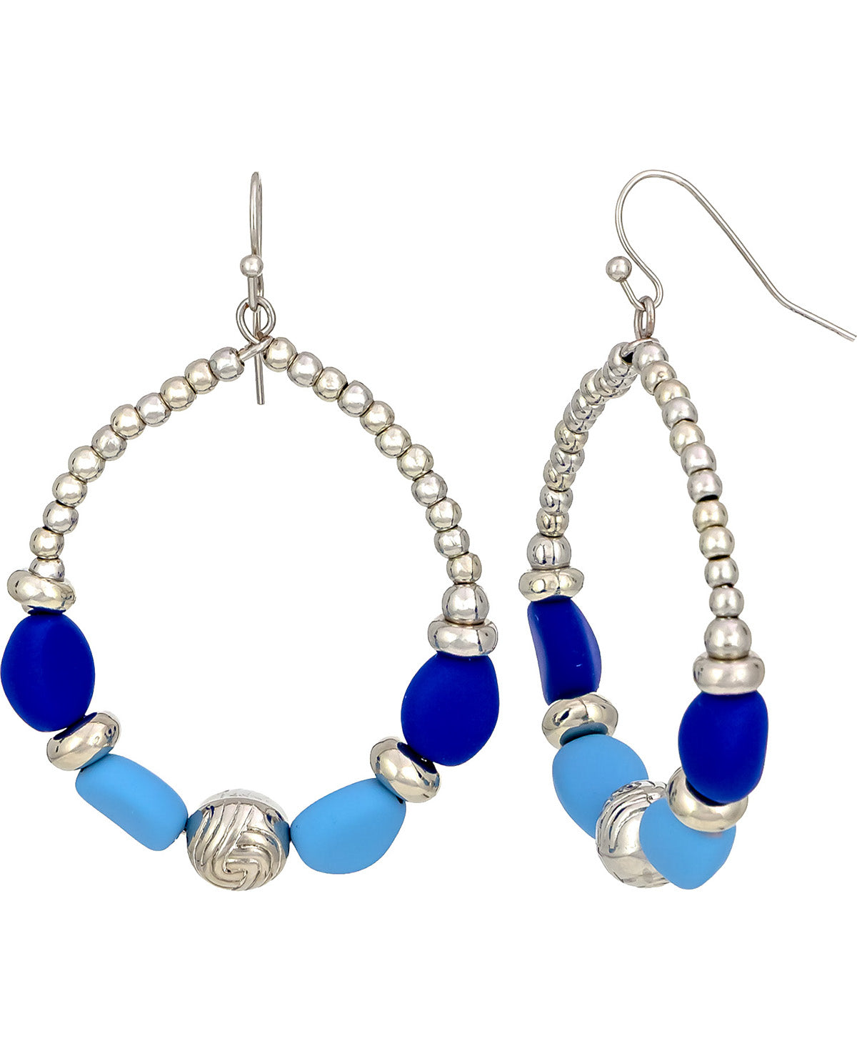 Pair of beaded earrings with blue and silver beads on a white background