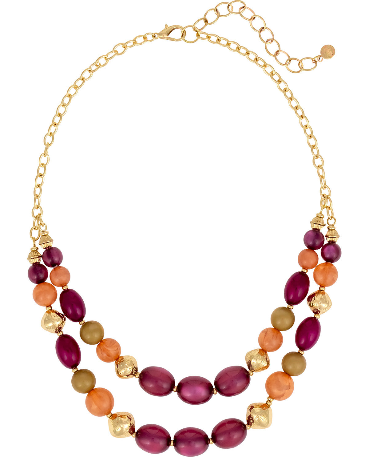 A multi-strand statement necklace featuring oval beads in deep magenta, orange, and olive green, accented with textured gold-tone beads and a gold-tone chain.