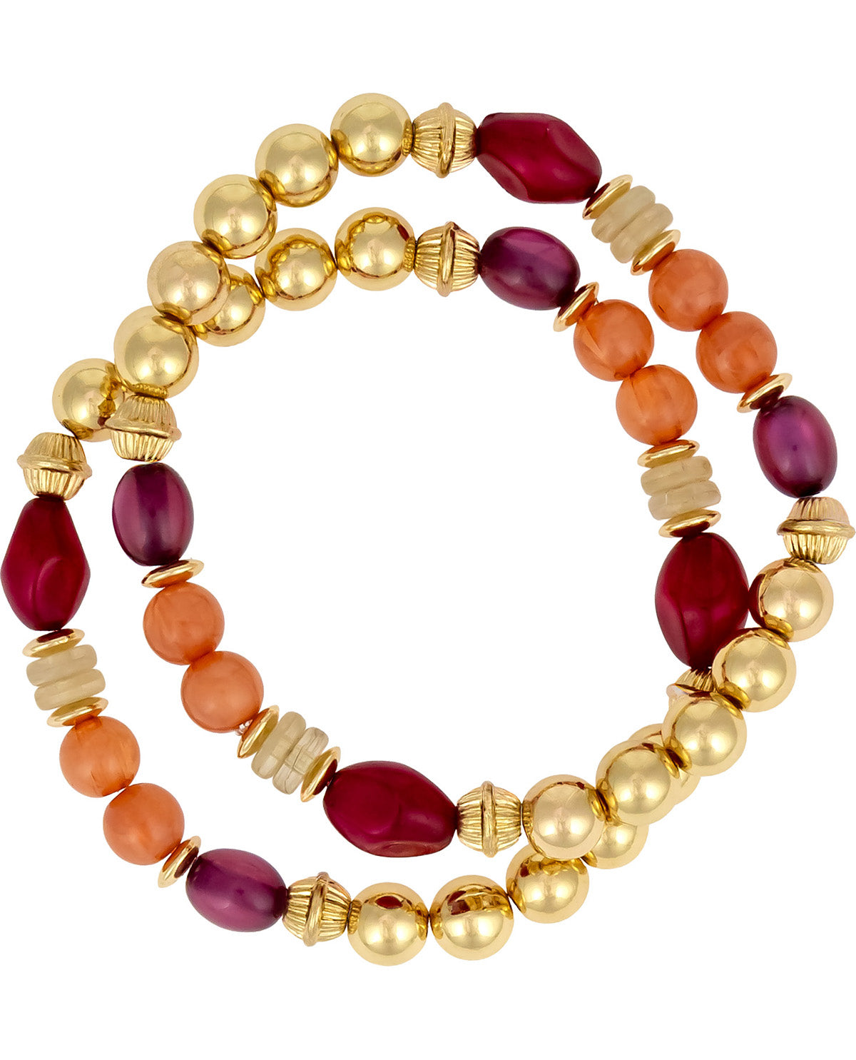 A double-strand beaded stretch bracelet featuring metallic gold ball beads, orange and peach faceted beads, deep red teardrop beads, and purple oval beads, displayed on a clean white background.