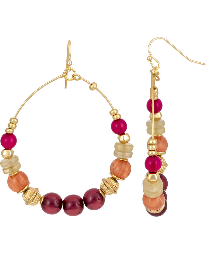 Gold-tone hoop and drop earrings featuring marbled beads in deep magenta, terracotta orange, and cream, accented with textured gold spacers.
