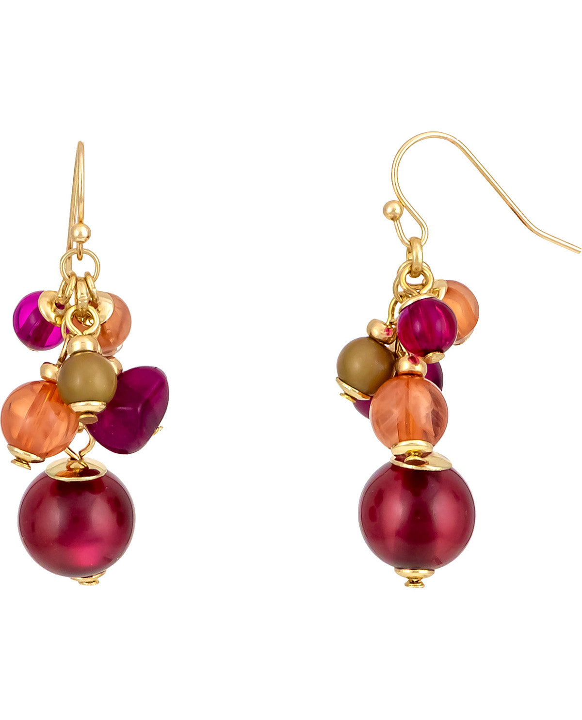 A pair of gold-tone dangle earrings with clustered faceted beads in shades of magenta, peach, and olive green, featuring a large round magenta pearl-like bead at the bottom, shown on a plain white background.