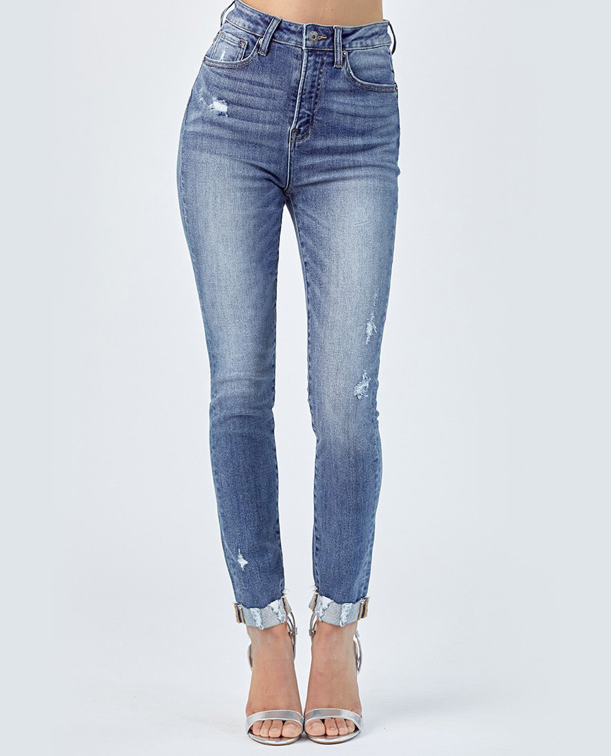 Risen High Rise Vintage Washed Skinny Jeans with Cuff