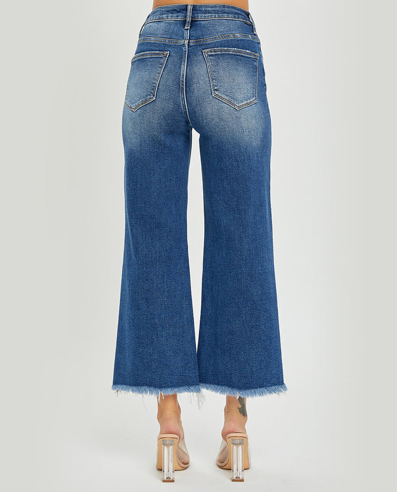 Risen High Rise Frayed Ankle Wide Jeans