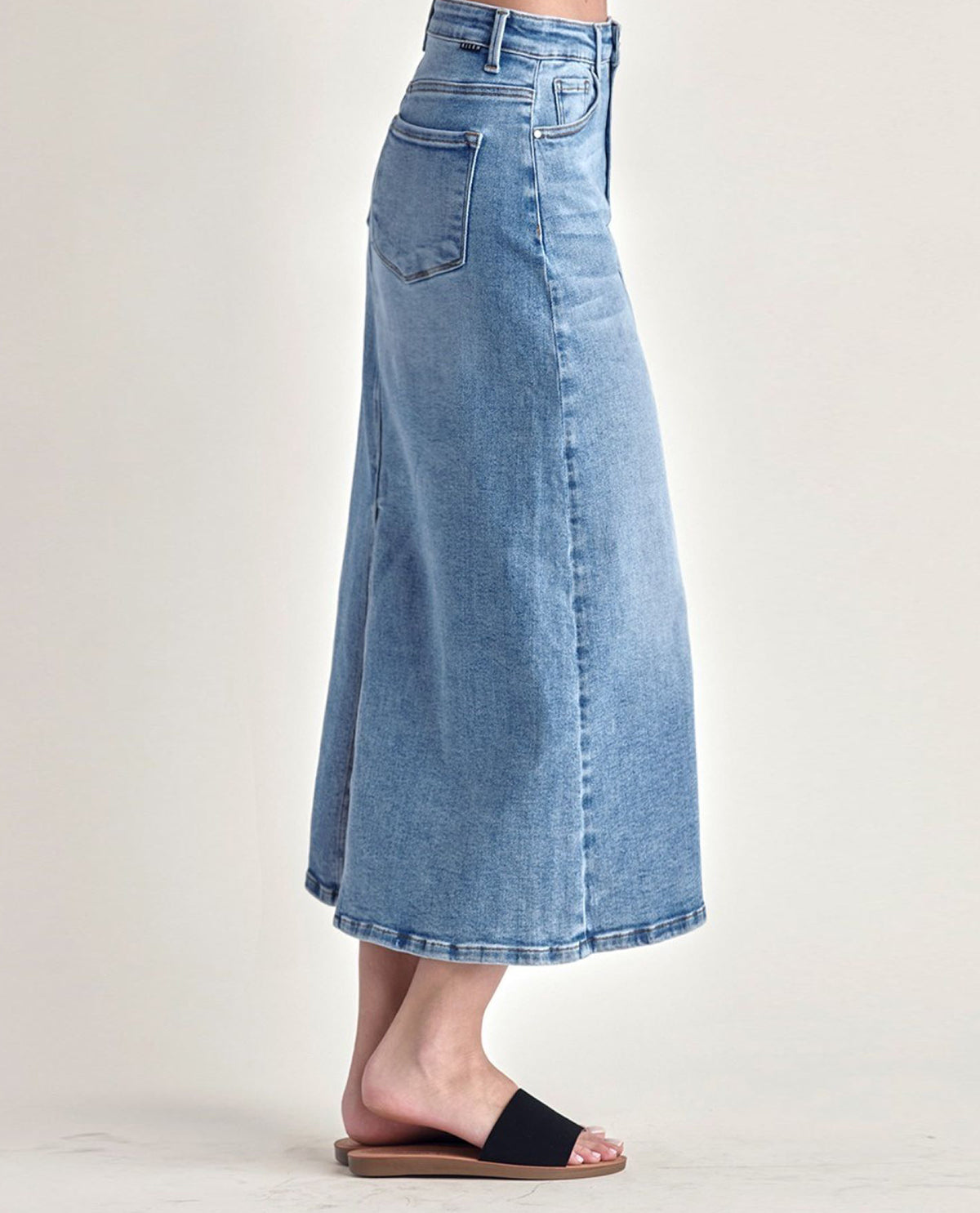 Risen High Rise Denim Maxi Skirt