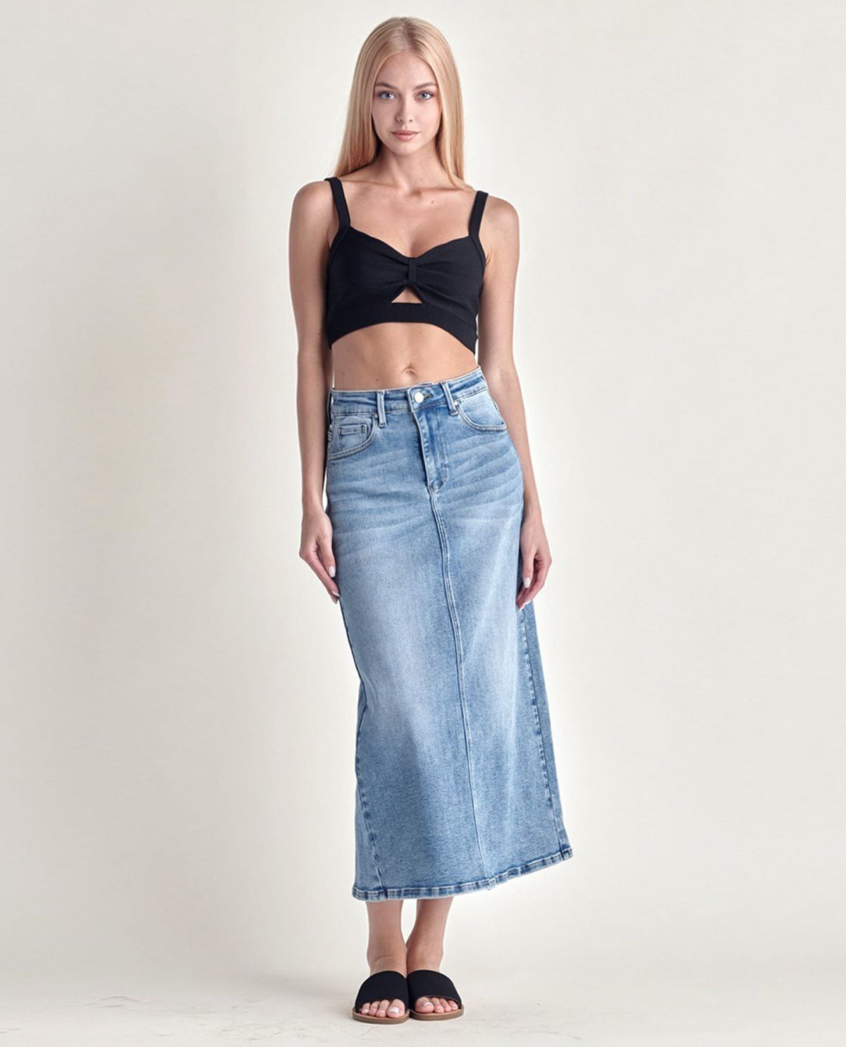 Risen High Rise Denim Maxi Skirt