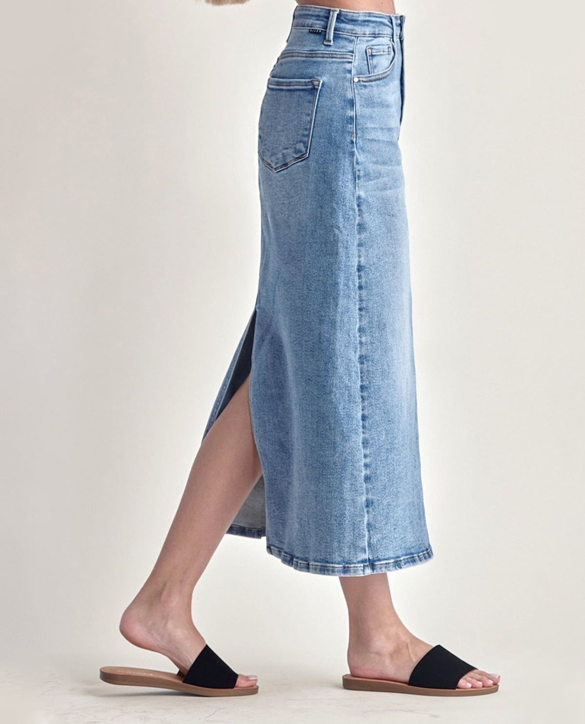 Risen High Rise Denim Maxi Skirt