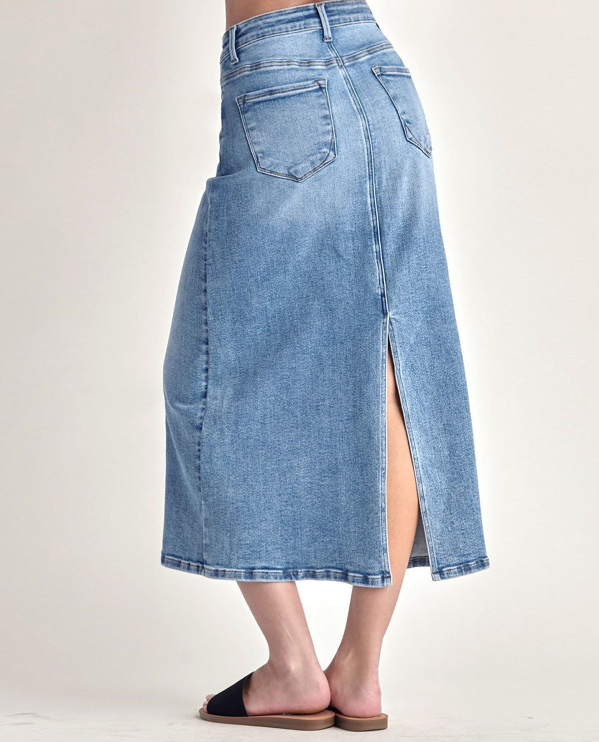 Risen High Rise Denim Maxi Skirt