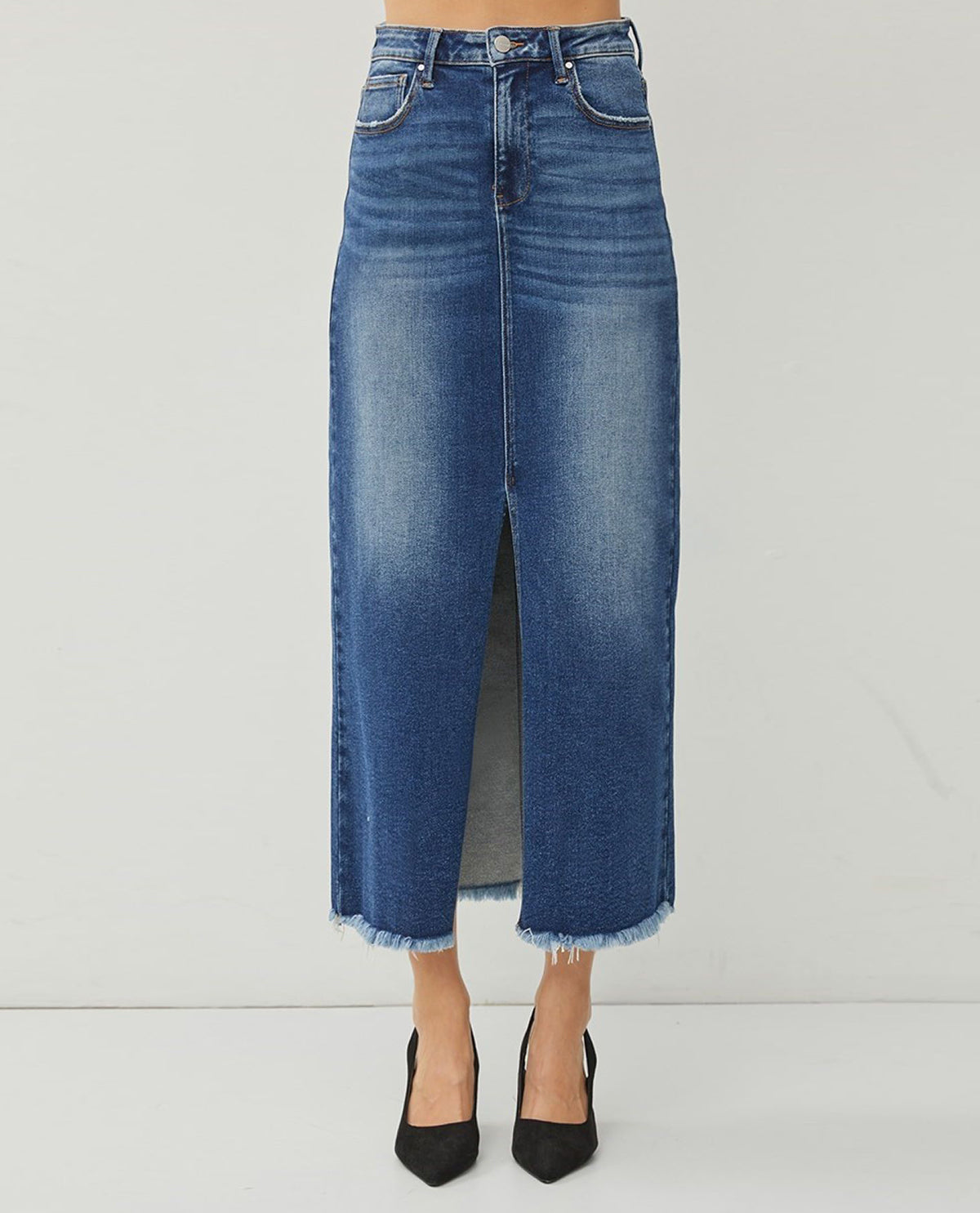 Risen High Rise Denim Maxi Skirt