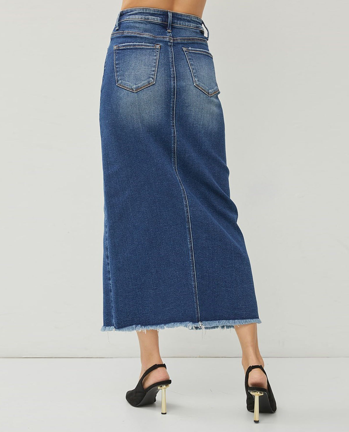 Risen High Rise Denim Maxi Skirt