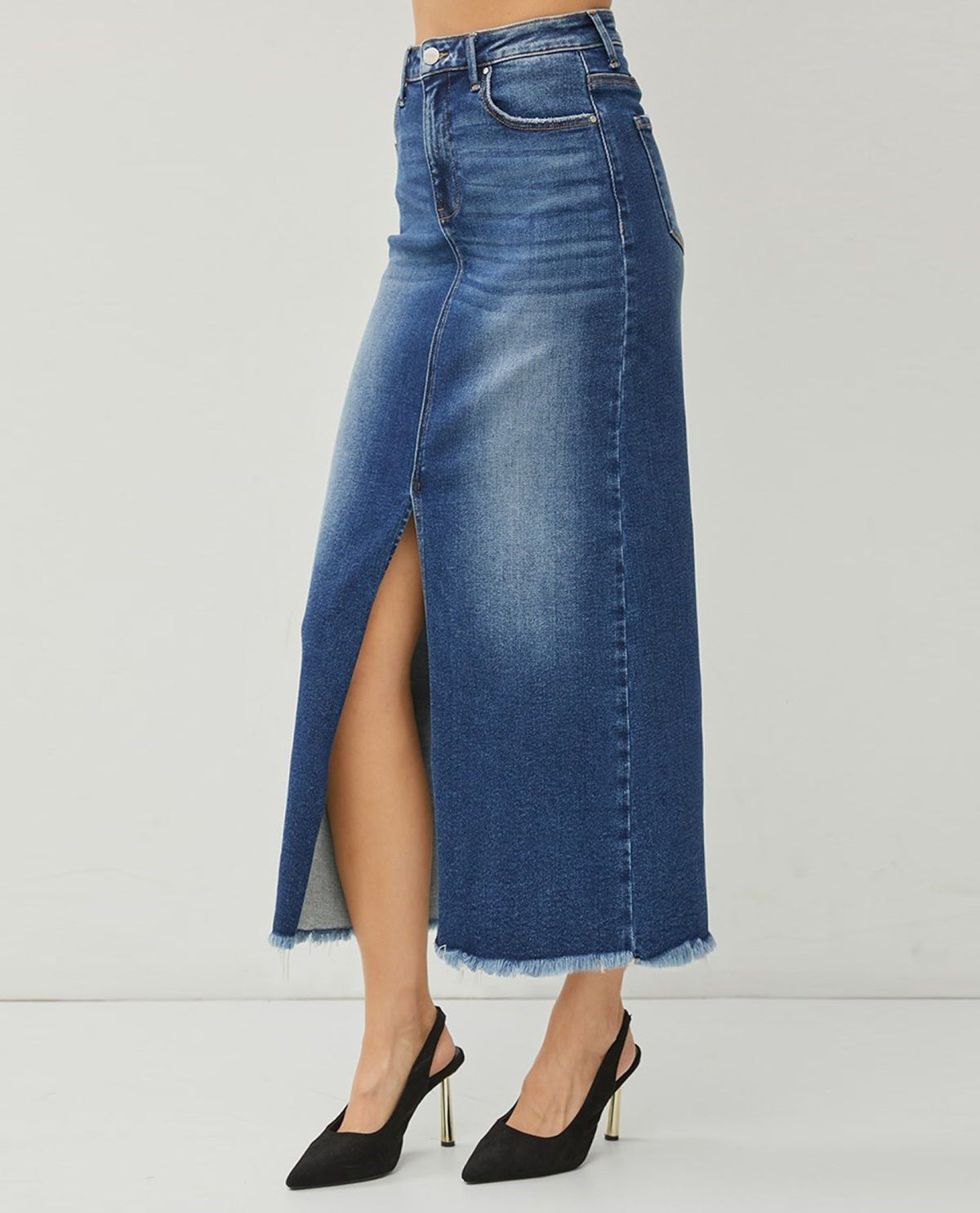 Risen High Rise Denim Maxi Skirt