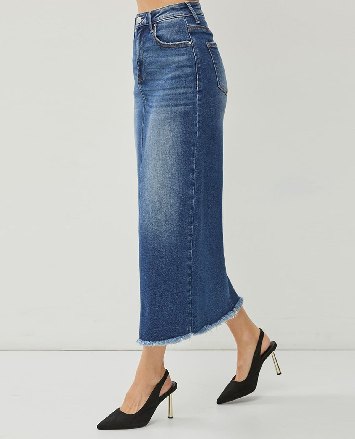 Risen High Rise Denim Maxi Skirt