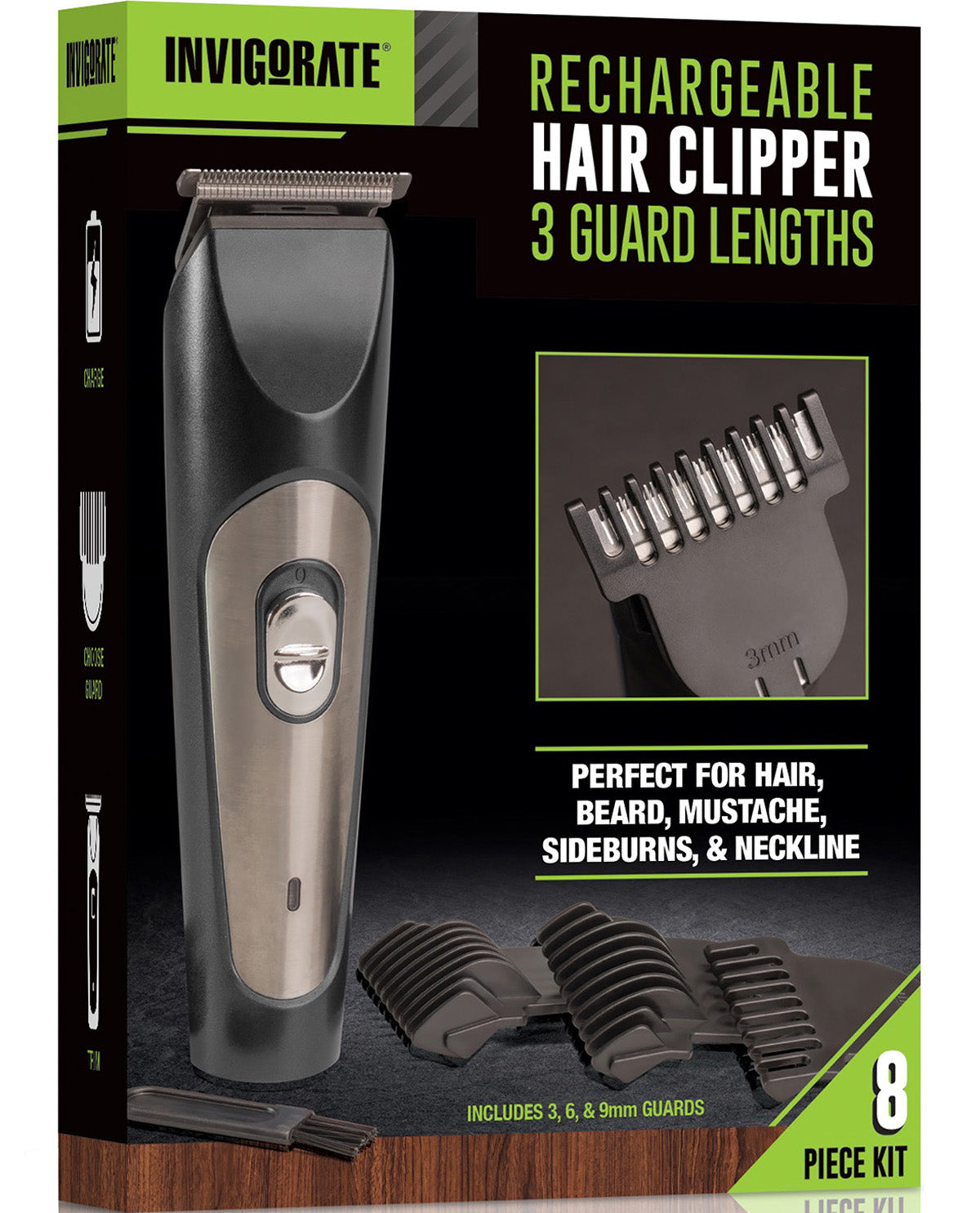 Invigorate rechargeable hair clipper 3 guard lengths kit in retail packaging, showing the black and silver clipper, an attachment, and several black guide combs on a dark box with green and white text.