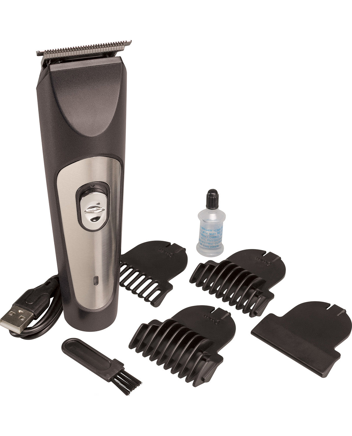 A cordless electric hair trimmer with a black and silver body, shown with multiple black guide combs, a cleaning brush, a small bottle of oil, and a USB charging cable on a plain white background.