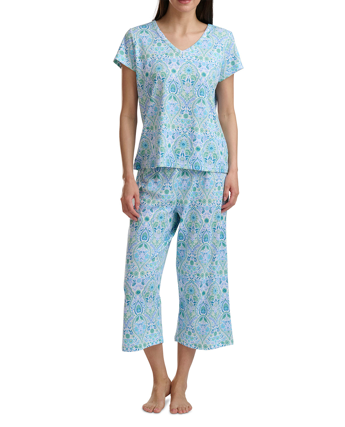 Karen Neuburger Short Sleeve V-Neck Tee & Capri Pant Set Lt Blue