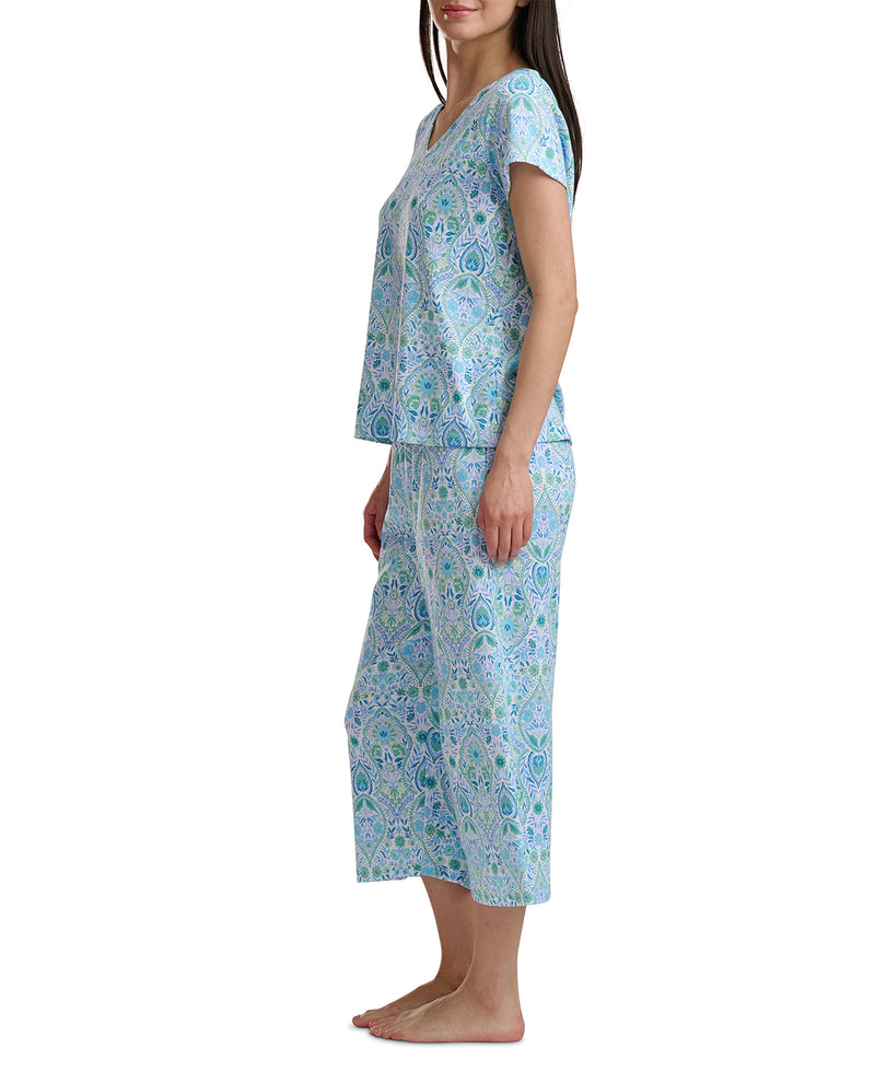 Karen Neuburger Short Sleeve V-Neck Tee & Capri Pant Set Lt Blue