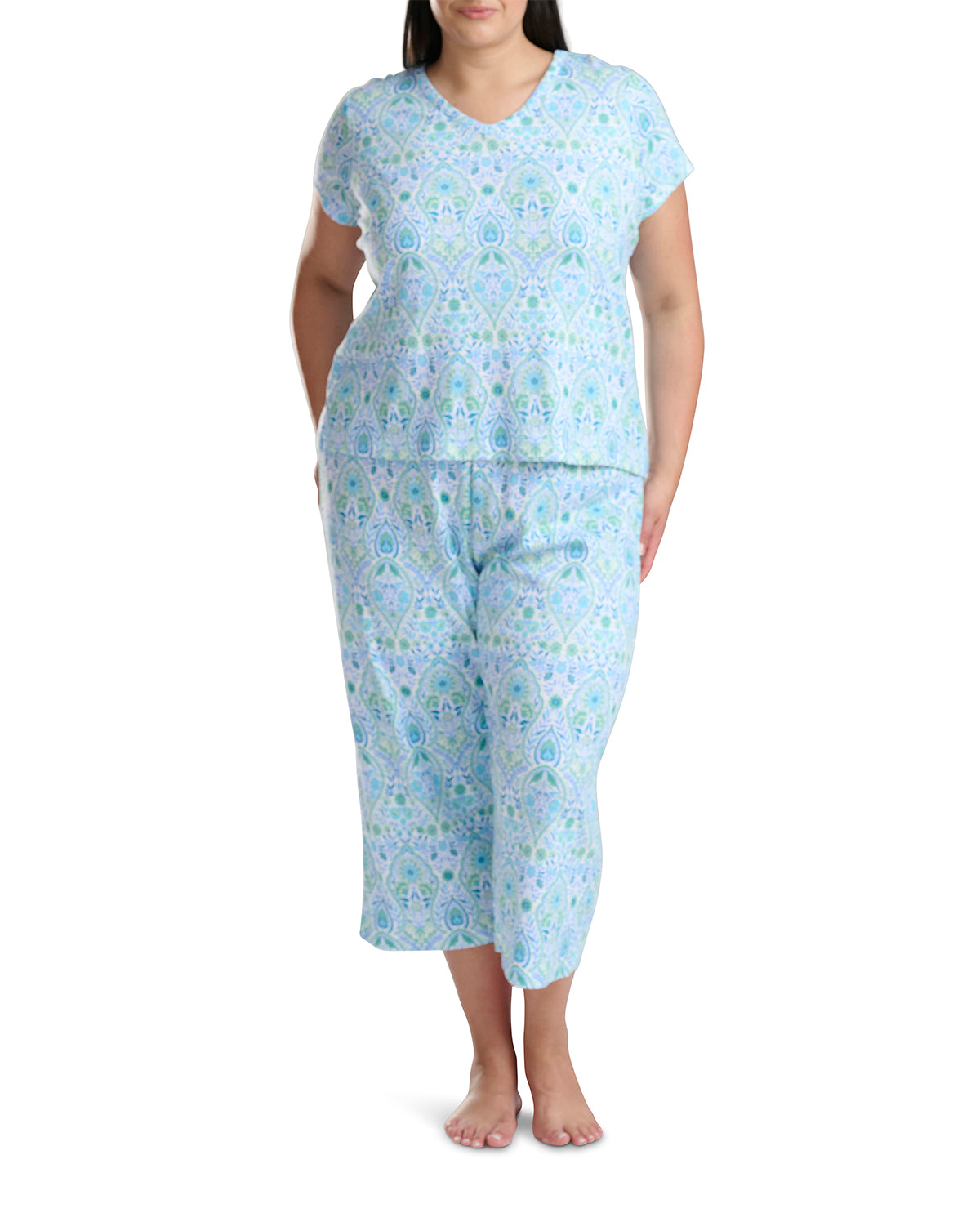 Karen Neuburger Short Sleeve V-Neck Tee & Capri Pant Set Lt Blue