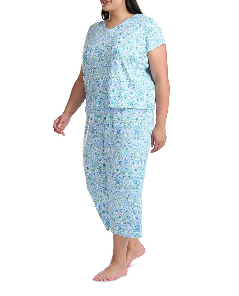 Karen Neuburger Short Sleeve V-Neck Tee & Capri Pant Set Lt Blue