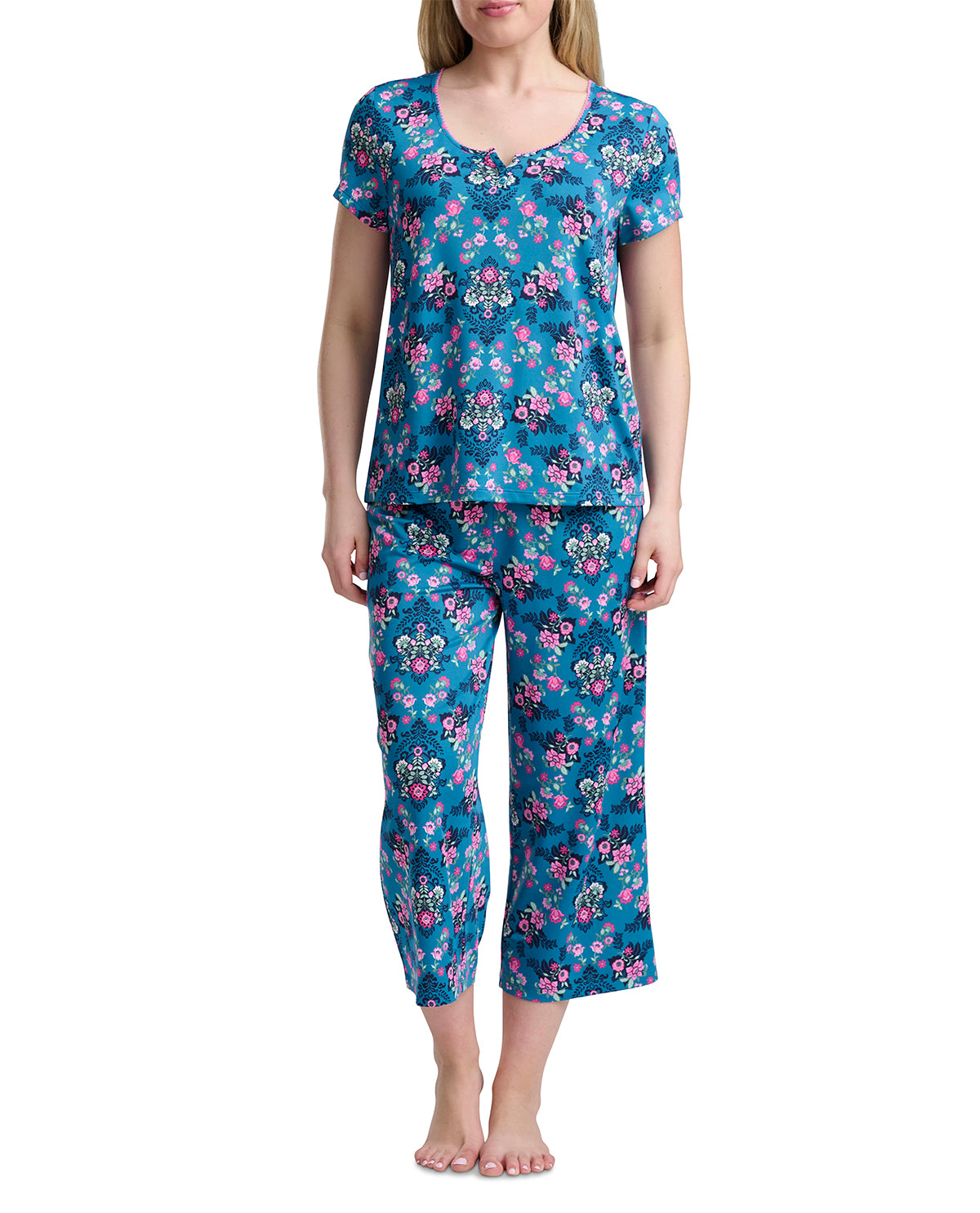Karen Neuburger Scoop Neck Henley & Crop Pant Set