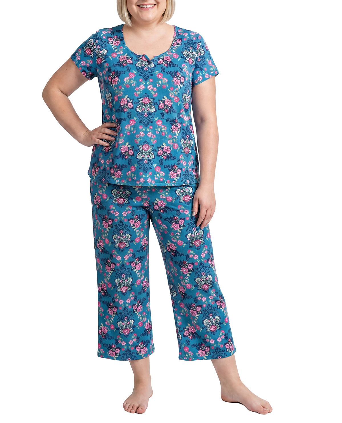 Karen Neuburger Scoop Neck Henley & Crop Pant Set
