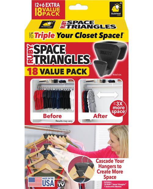 Packaging for Ruby Space Triangles closet organizer, showing the product in use with before and after images, and text detailing product features.