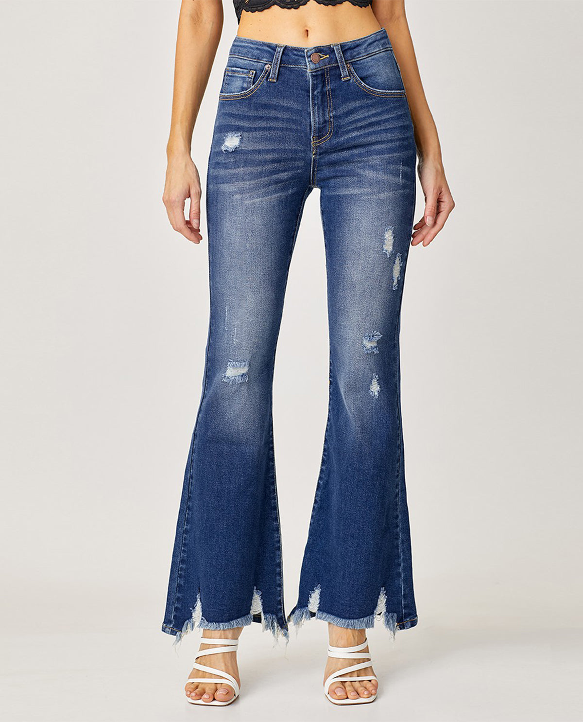 Offers DISTRESSED HIGH RISE FLARE JEANS