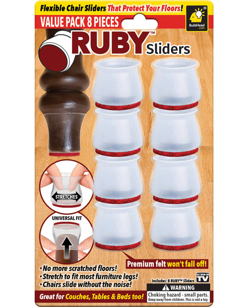 Packaging of Ruby Sliders showing the product which is a clear, round furniture slider with a red accent. The packaging includes images demonstrating the use on different furniture legs.