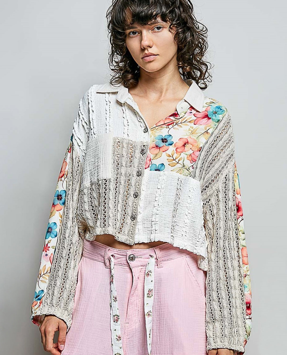 POL Woven Mix Media Top With Crochet Natural