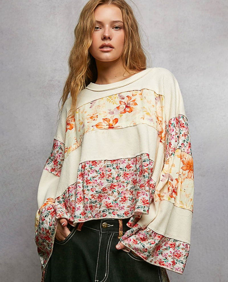 POL Floral Embroidered Print Block Top