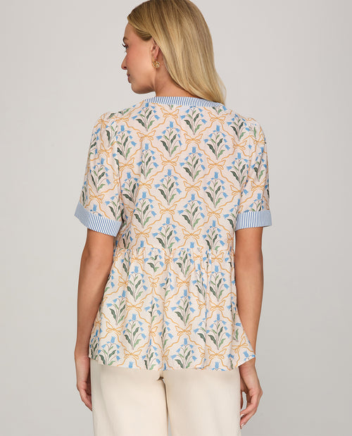 She And Sky Print Top White/Blue