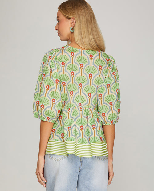 She And Sky Print Top With Stripe Contrast Green