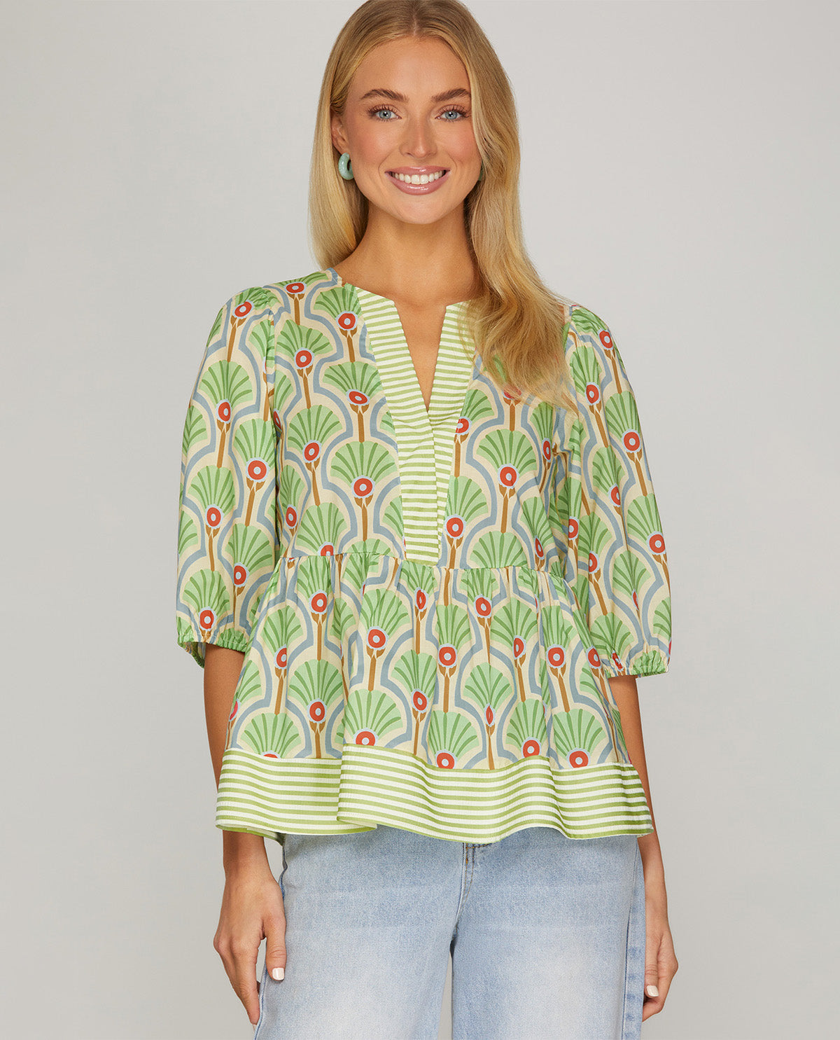 She And Sky Print Top With Stripe Contrast Green