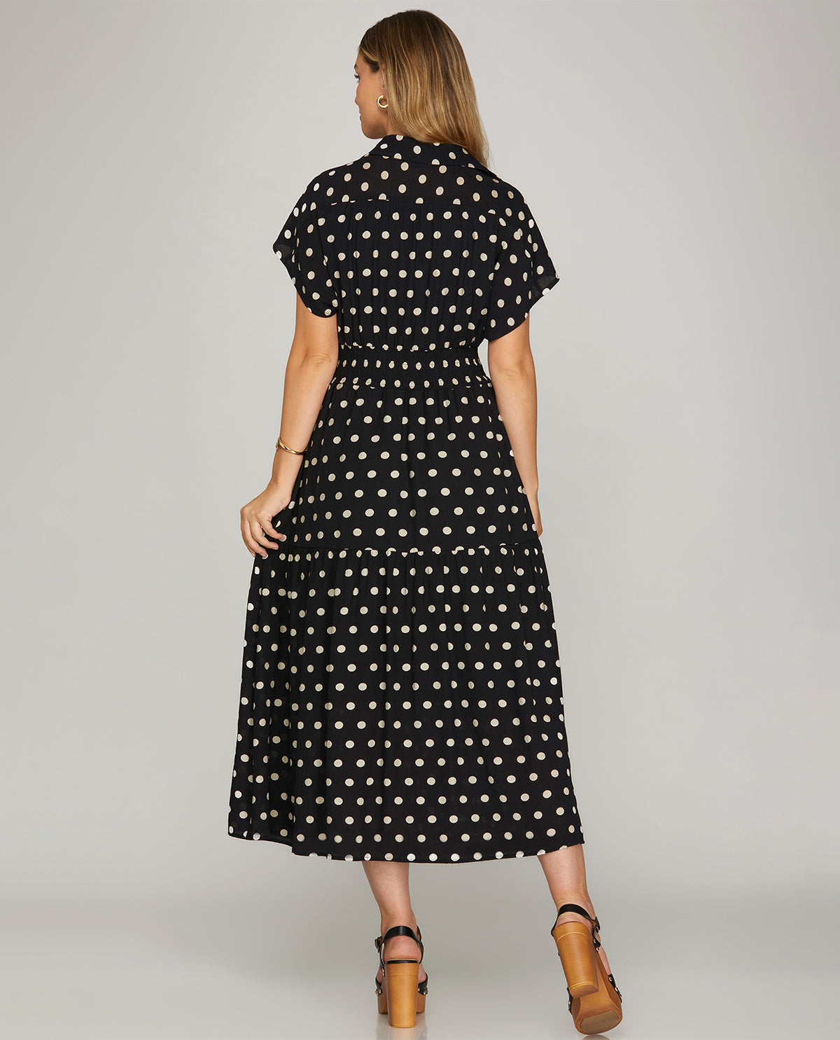 She & Sky Polka Dot Dress With Smocked Waist Black