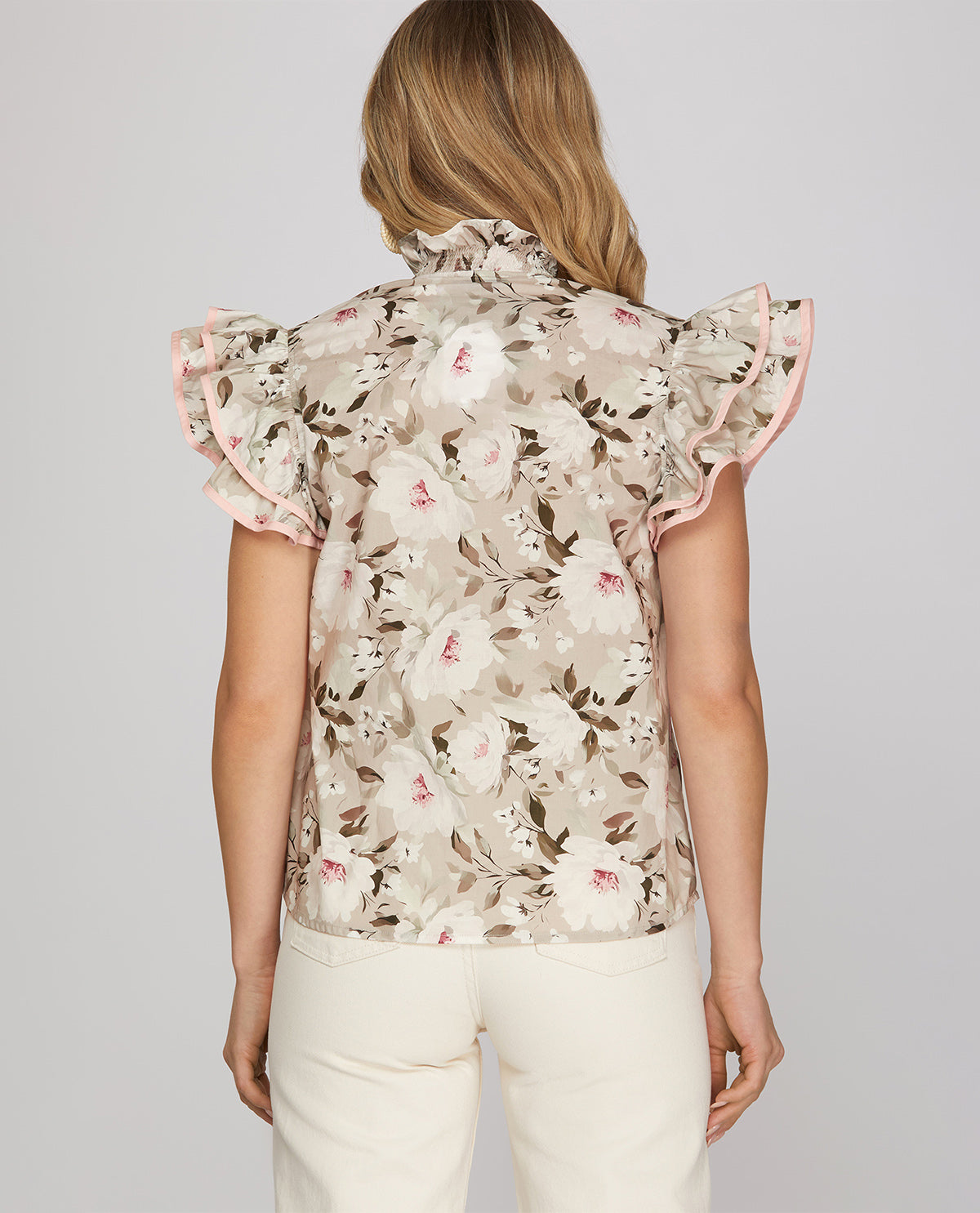 She And Sky Print Ruffle Sleeve Smock Top Lt Gray