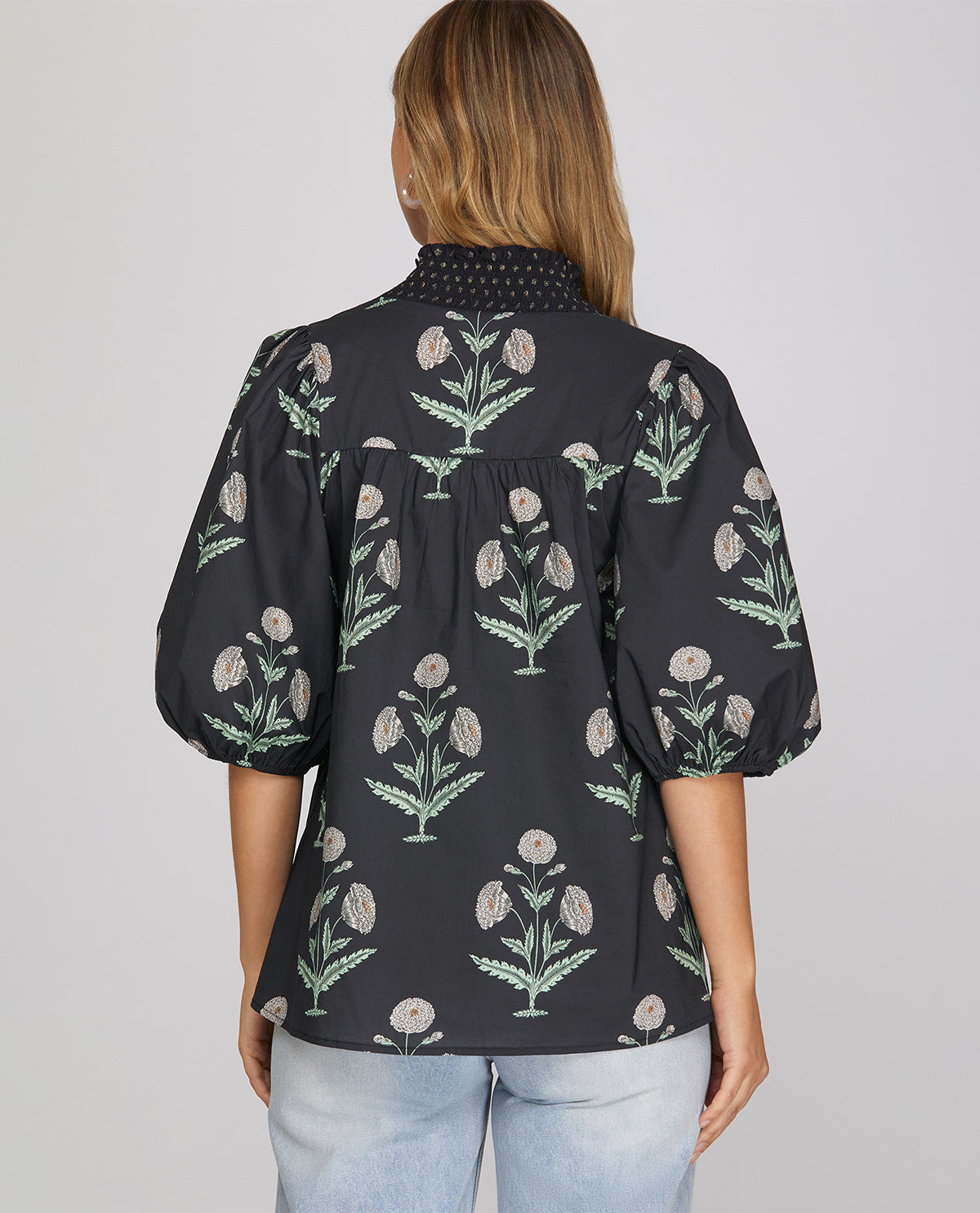 She & Sky Smock Neck Print Top Charcoal Navy