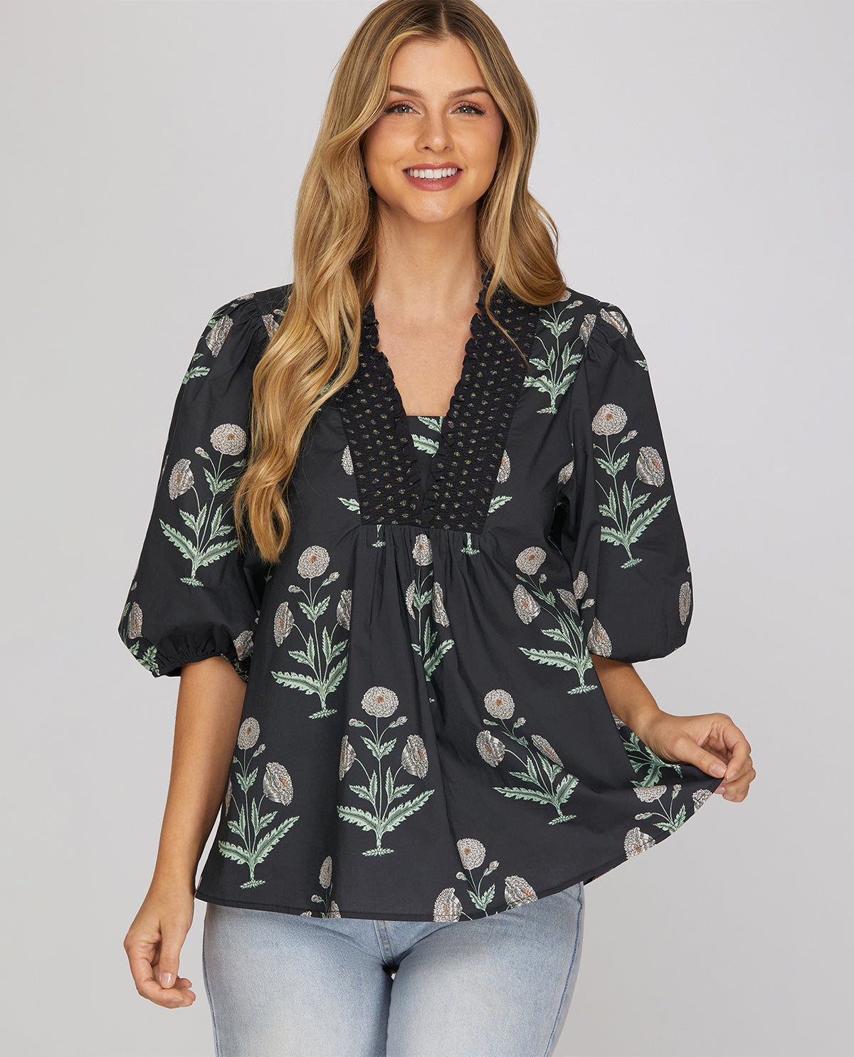 She & Sky Smock Neck Print Top Charcoal Navy