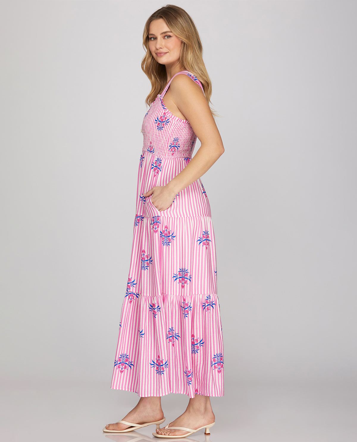 She & Sky Smocked Tiered Dress Pink