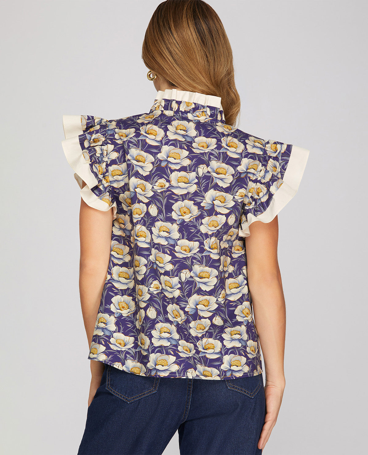 She & Sky Ruffle Neck Print Top Navy