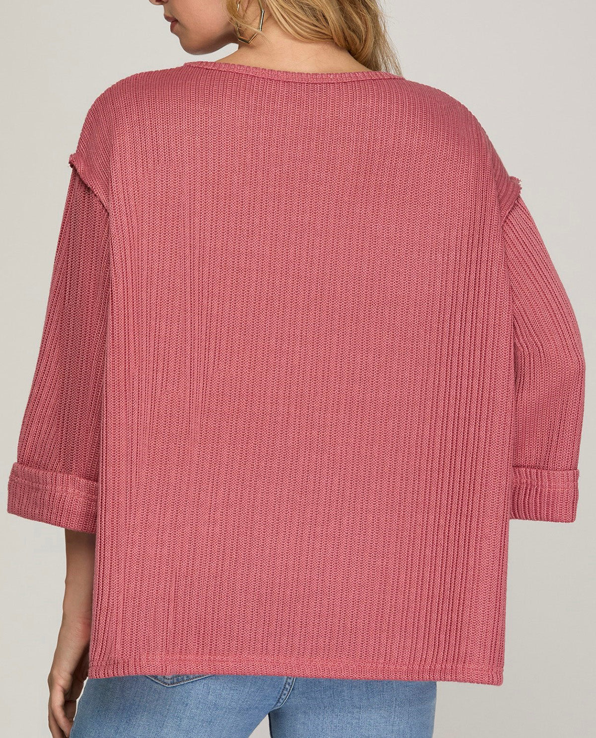 3/4 Folded Sleeve Knit Top