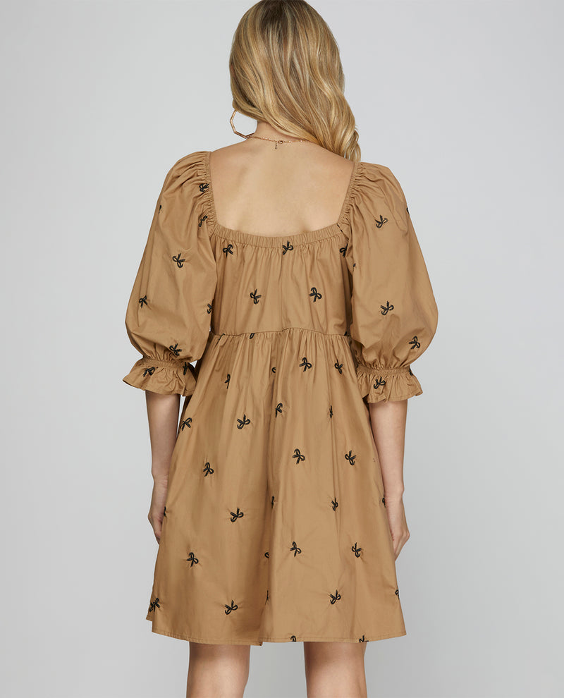 She & Sky Tiered Dress With Bow Embroidery Taupe