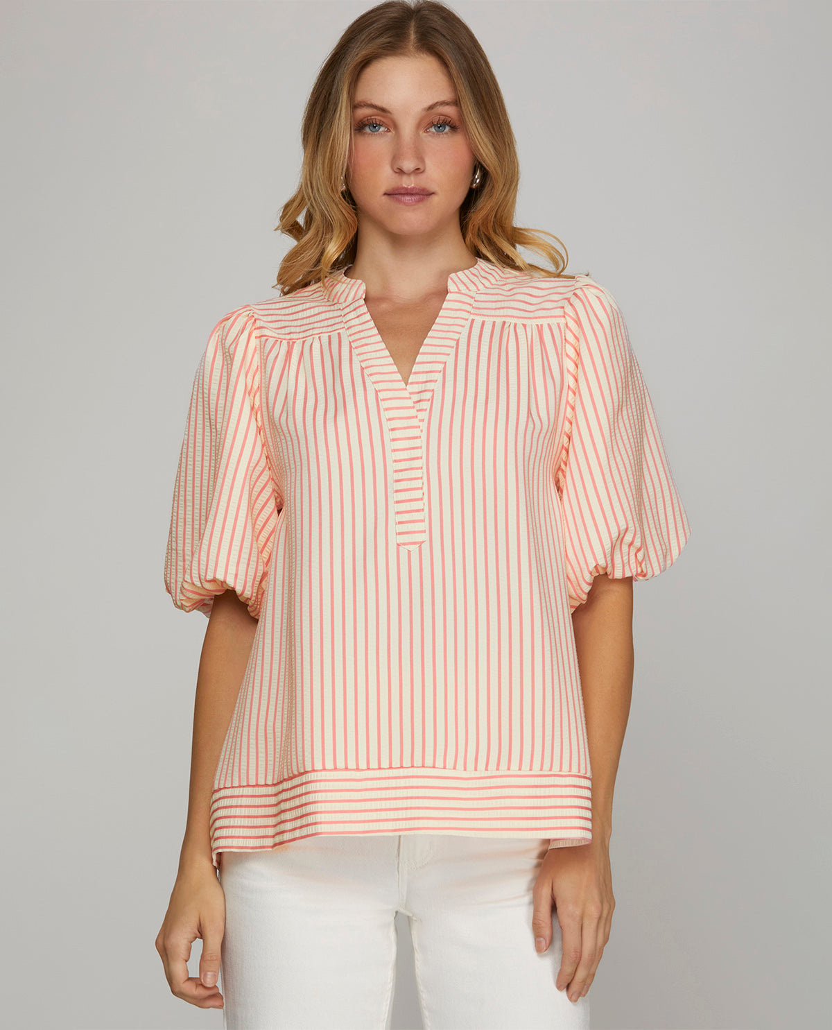 She And Sky Bubble Sleeve Top Pink